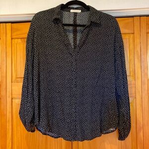 Mod Goddess Black Flowy White Polka Dot Button Down Long Sleeve Blouse Size Med